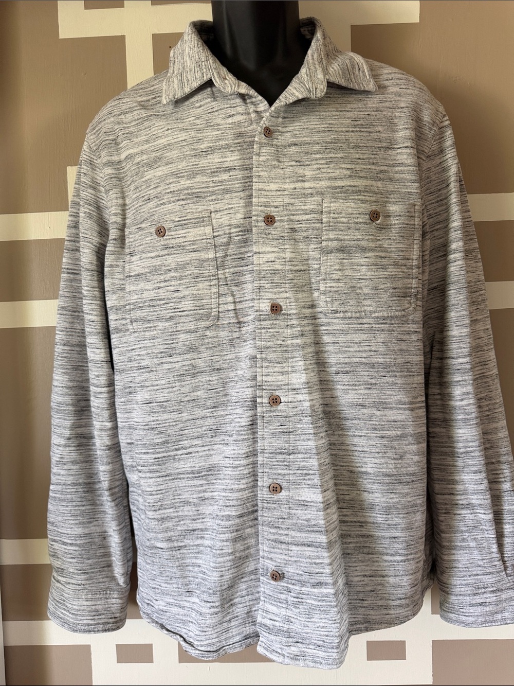 ROWM Men’s Gray Space Dye Long Sleeve Knit Button Up Utility Shirt Sz L